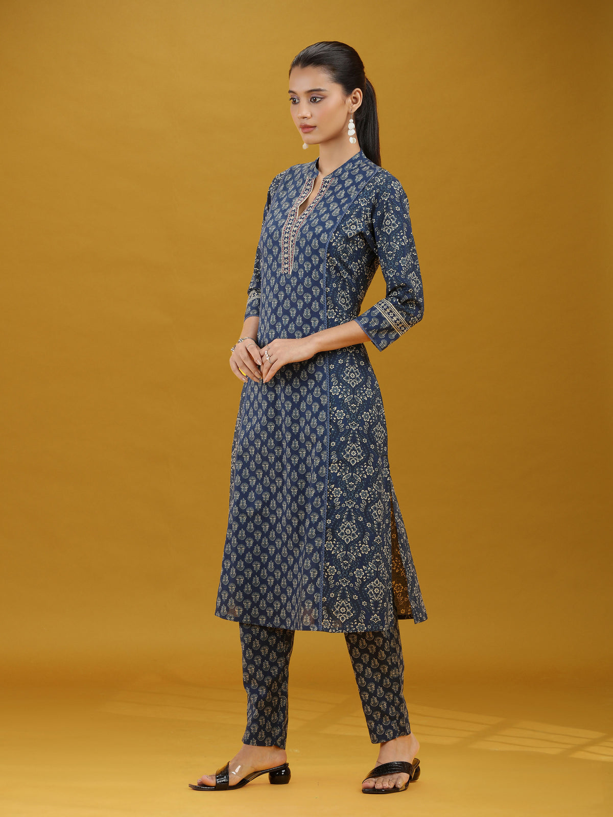Navy Blue Printed Pure Cotton Straight Co-Ord Set
