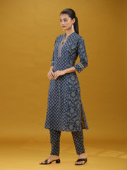 Navy Blue Printed Cotton Straight Co-Ord Set