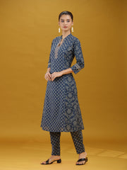 Navy Blue Printed Cotton Straight Co-Ord Set