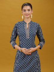 Navy Blue Printed Cotton Straight Co-Ord Set