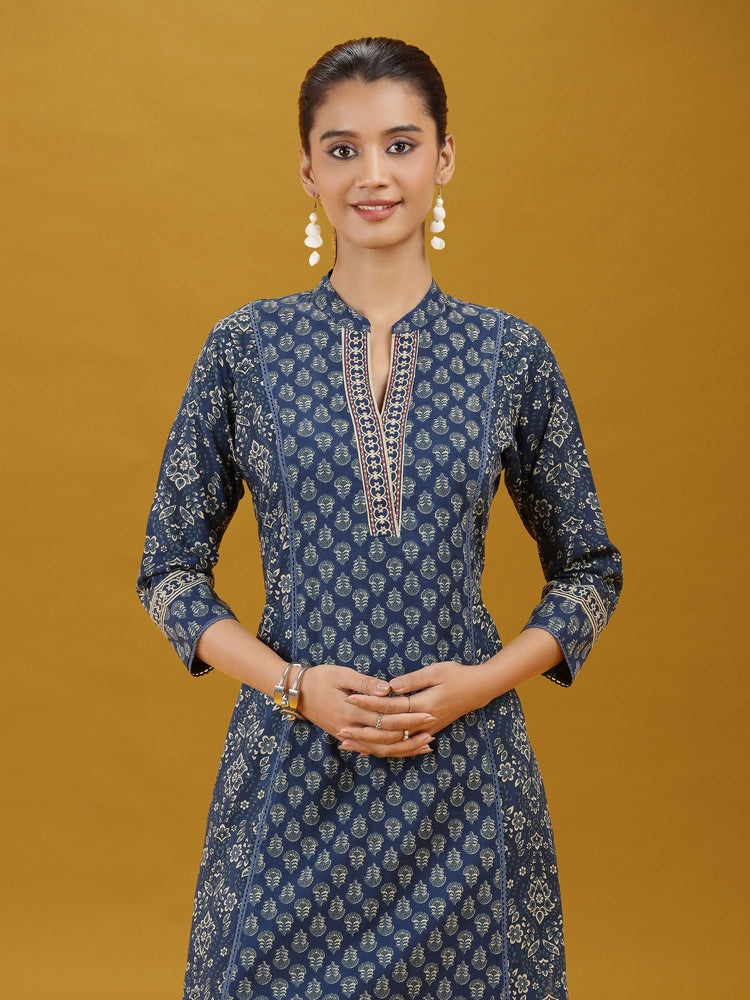 Navy Blue Printed Cotton Straight Co-Ord Set