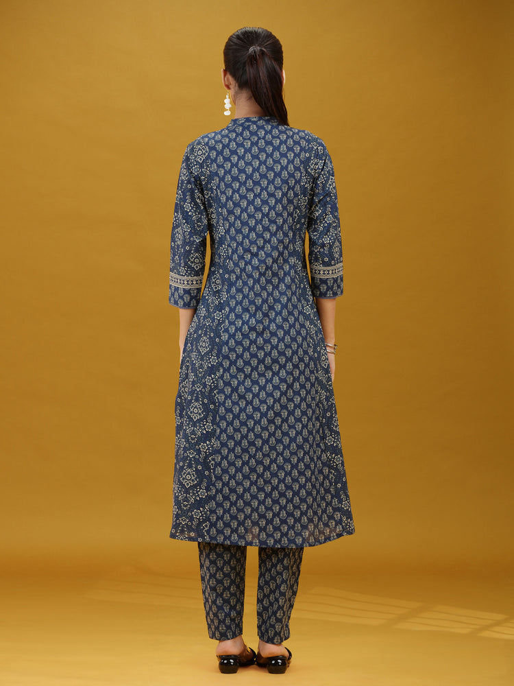Navy Blue Printed Cotton Straight Co-Ord Set