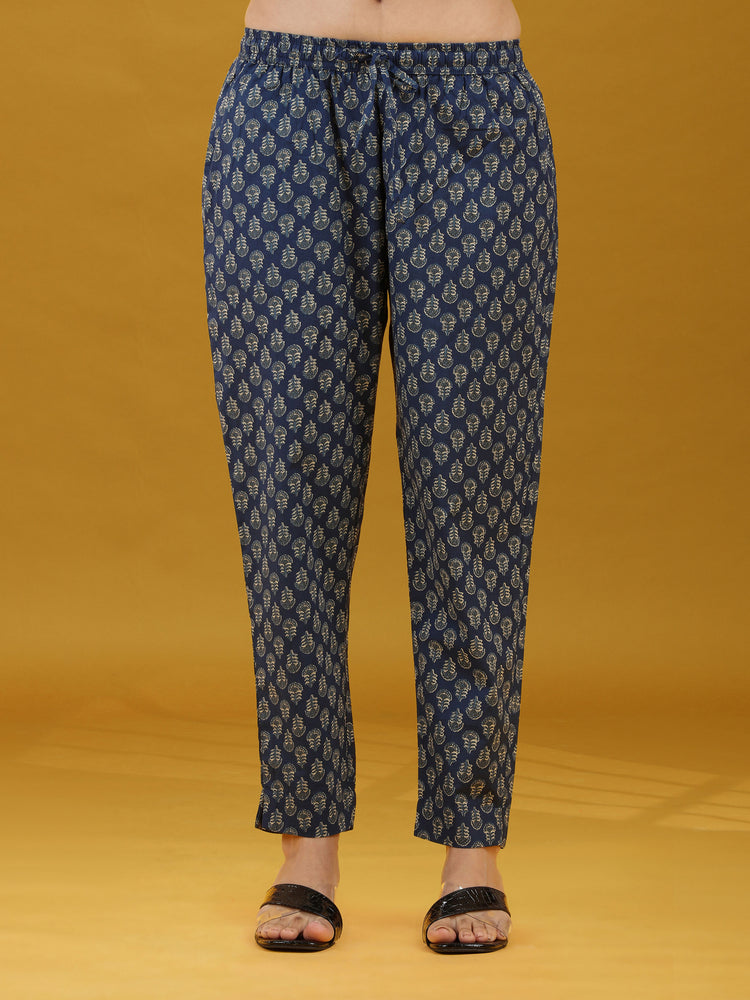 Navy Blue Printed Cotton Straight Co-Ord Set