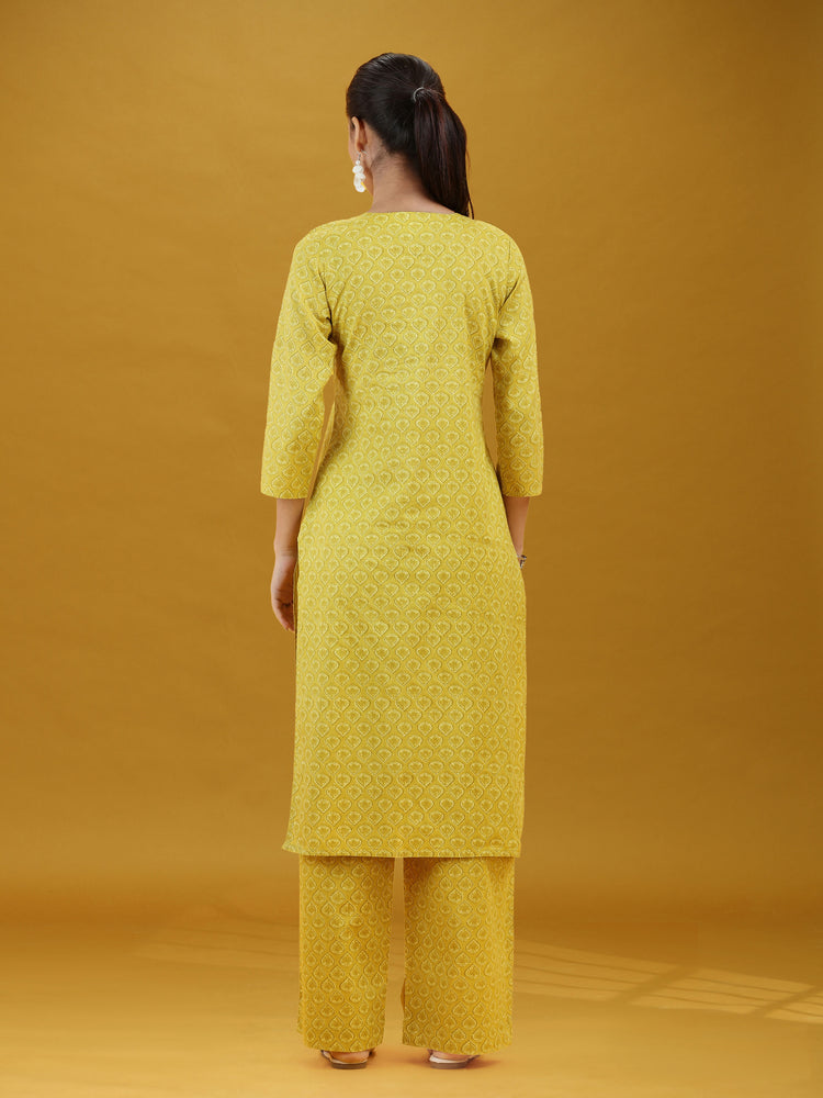 Lime Green Geometric Printed Pure Cotton Co-Ord Set