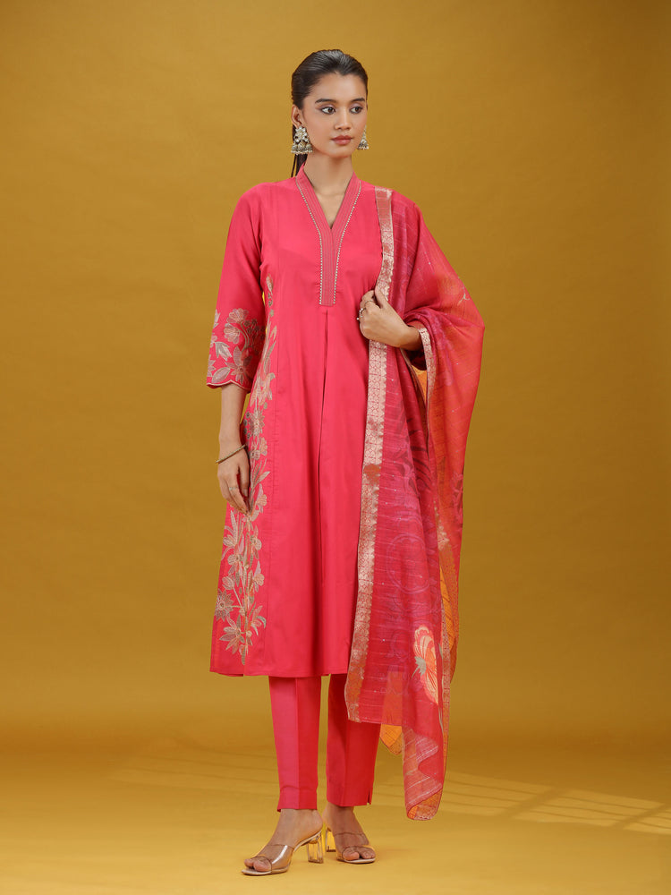 Pink Embroidered Kurta Pant with Dupatta Set