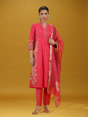 Pink Embroidered Kurta Pant with Dupatta Set