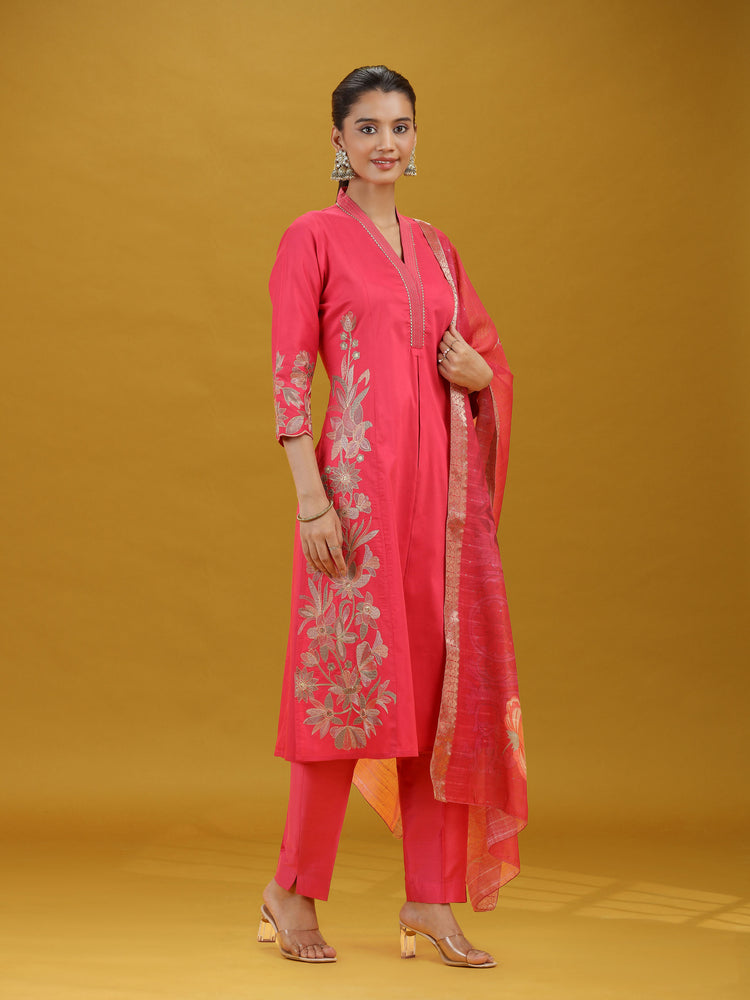Pink Embroidered Kurta Pant with Dupatta Set