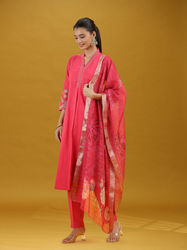 Pink Embroidered Kurta Pant with Dupatta Set