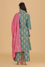 Teal Embroidered Jaipuri Cotton A Line Kurta Pant and Dupatta Suit Set