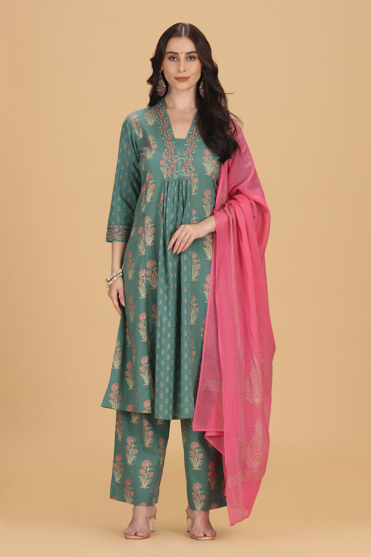 Teal Embroidered Jaipuri Cotton A Line Kurta Pant and Dupatta Suit Set