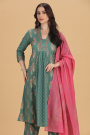 Teal Embroidered Jaipuri Cotton A Line Kurta Pant and Dupatta Suit Set