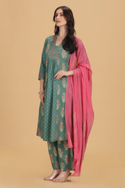 Teal Embroidered Jaipuri Cotton A Line Kurta Pant and Dupatta Suit Set