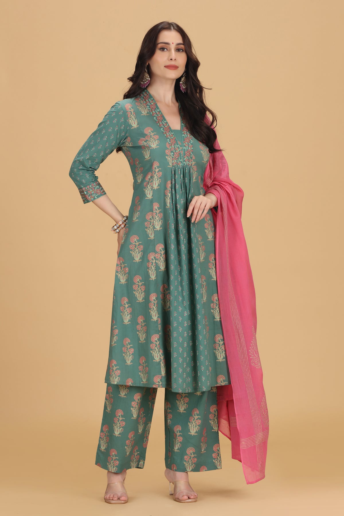 Teal Embroidered Jaipuri Cotton A Line Kurta Pant and Dupatta Suit Set