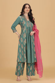 Teal Embroidered Jaipuri Cotton A Line Kurta Pant and Dupatta Suit Set