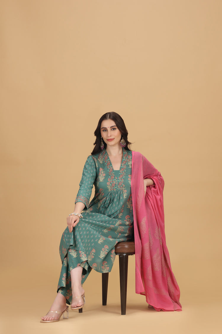 Teal Embroidered Jaipuri Cotton A Line Kurta Pant and Dupatta Suit Set