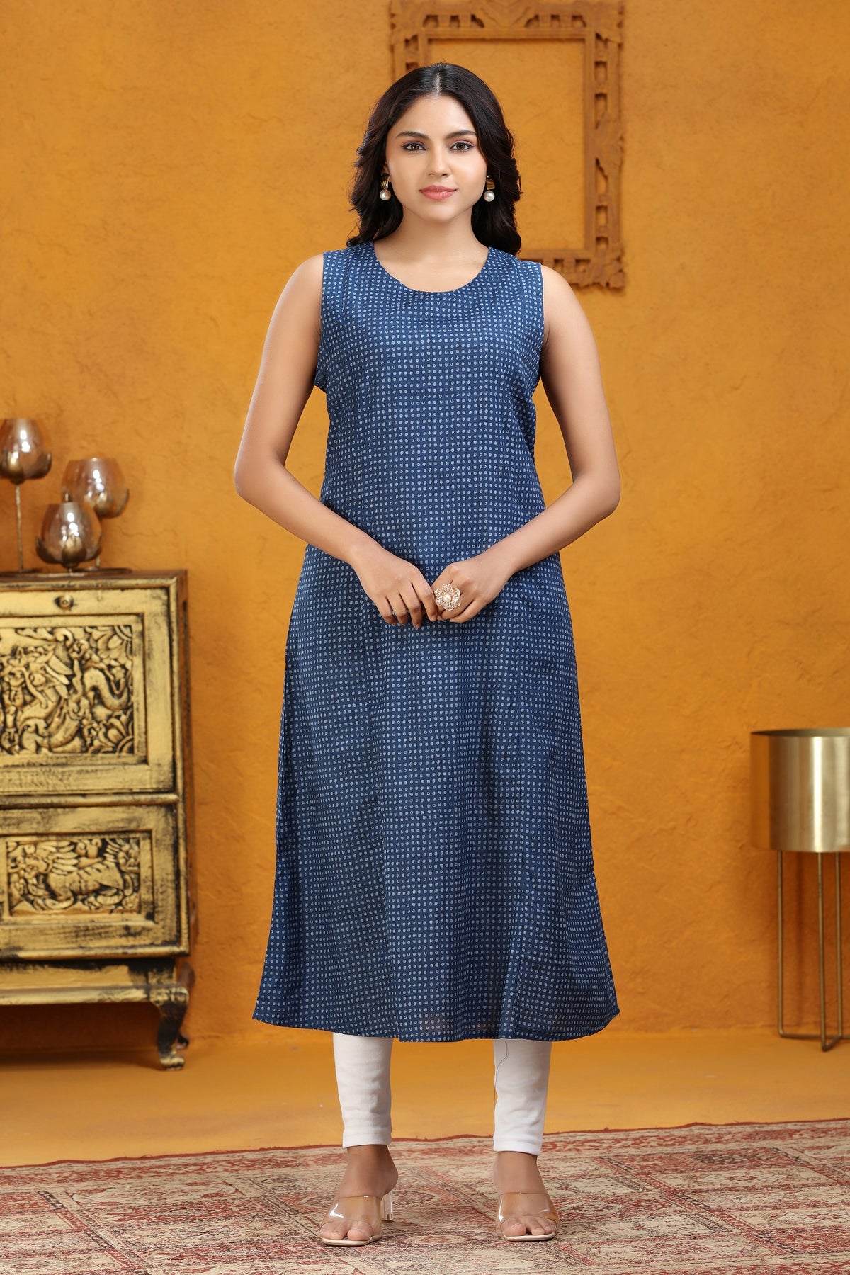 Indigo Cotton Straight Printed Sleeveless Kurta