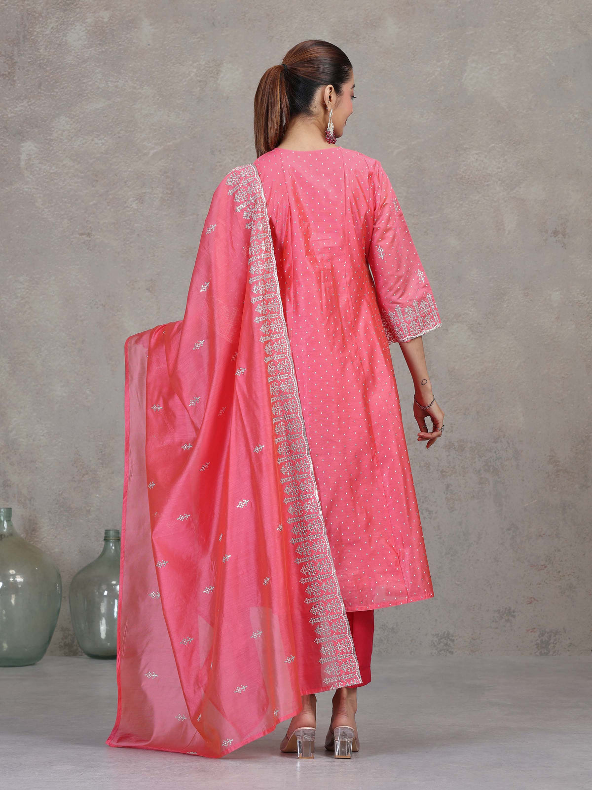 Rose Pink Embroidered A-Line Ethnic Set