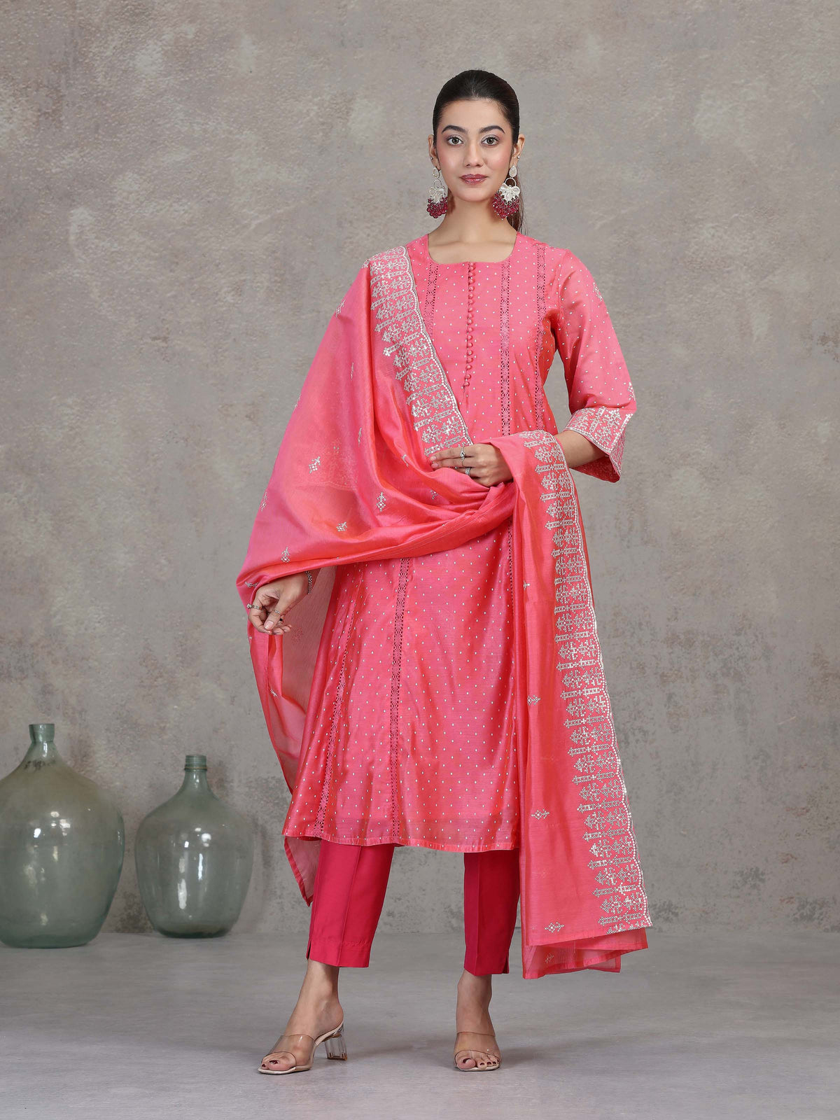 Rose Pink Embroidered A-Line Ethnic Set