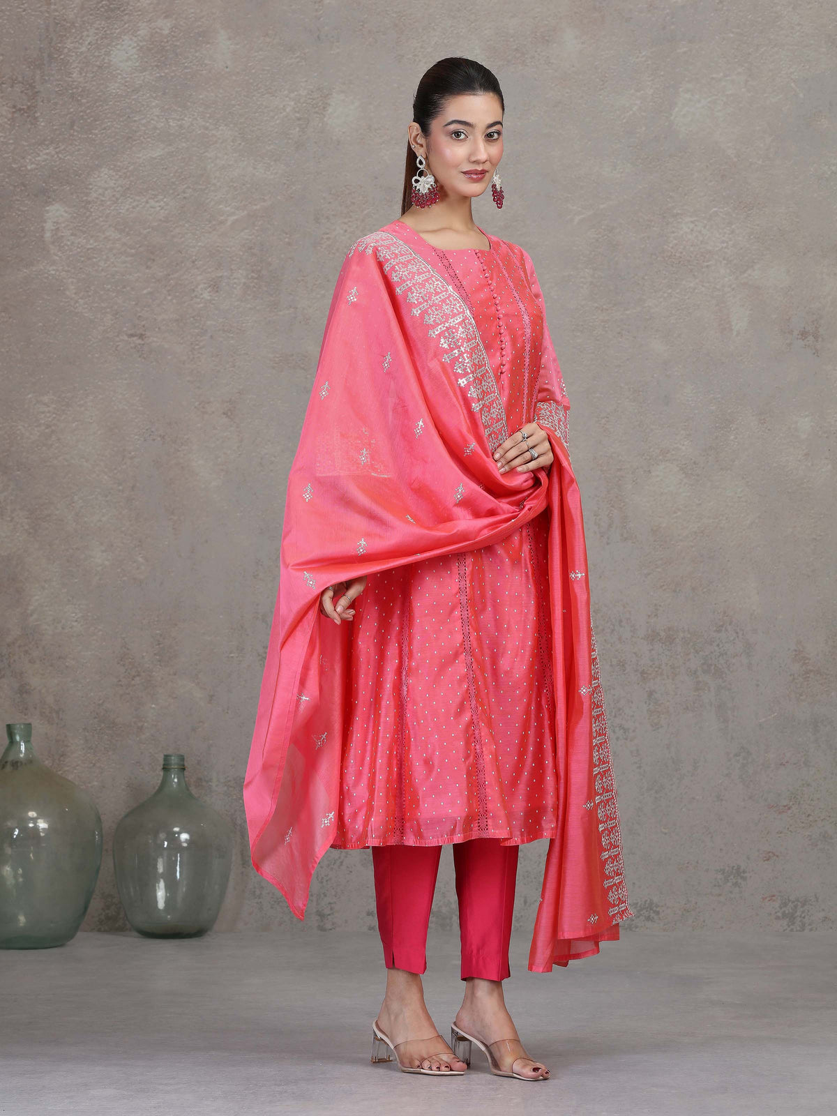Rose Pink Embroidered A-Line Ethnic Set