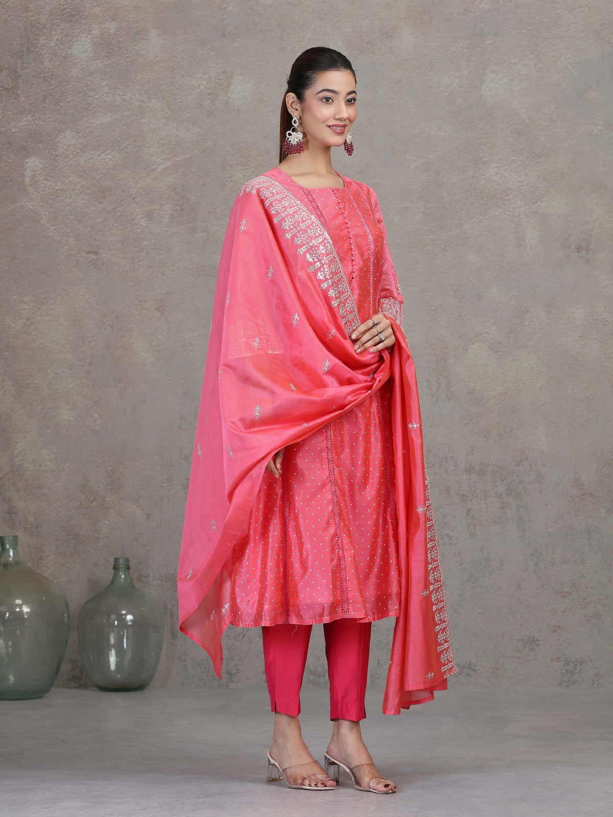 Rose Pink Embroidered A-Line Ethnic Set