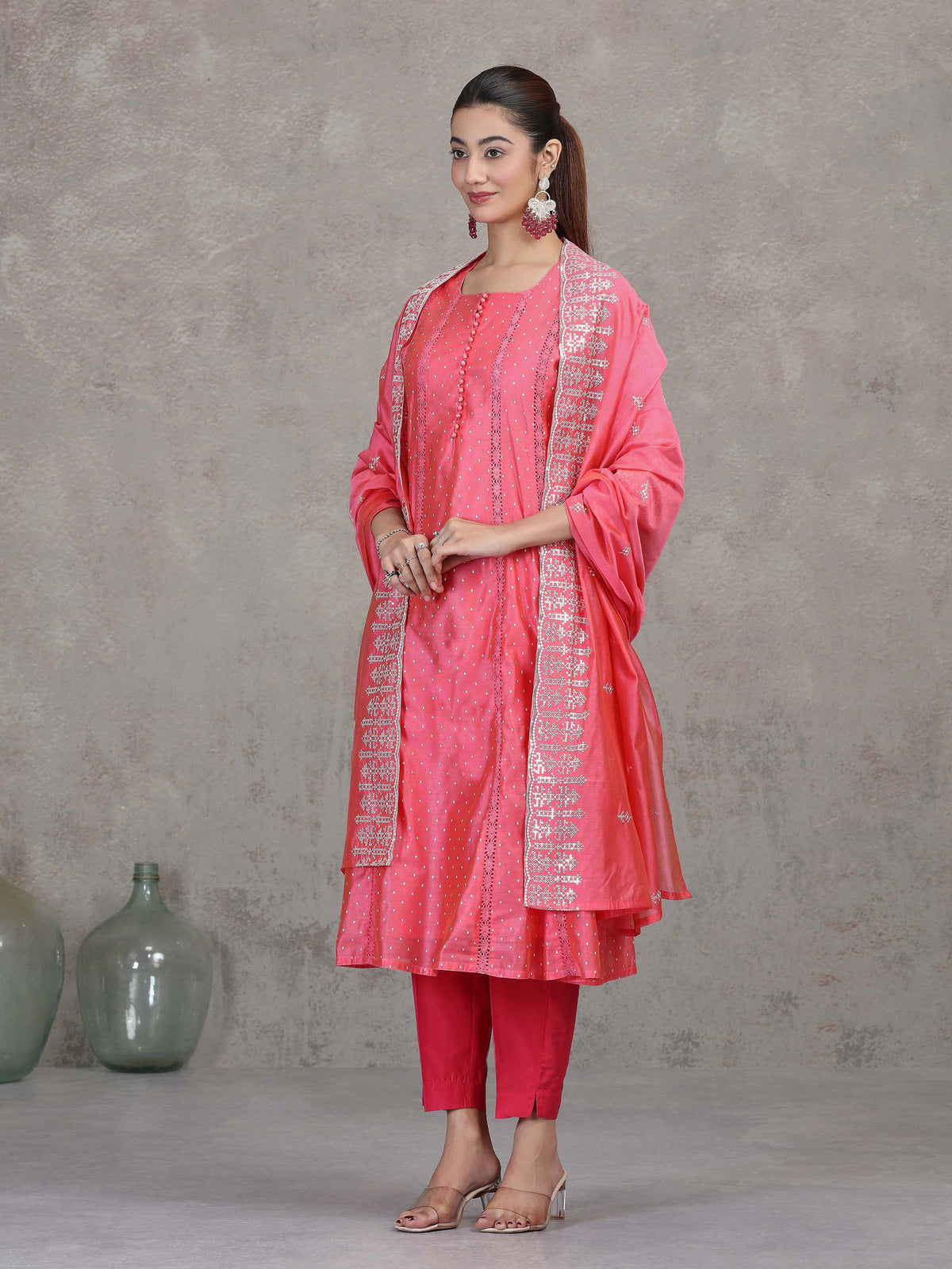 Rose Pink Embroidered A-Line Ethnic Set