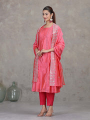 Rose Pink Embroidered A-Line Ethnic Set