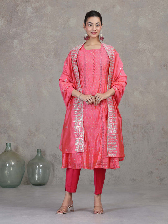 Rose Pink Embroidered A-Line Ethnic Set