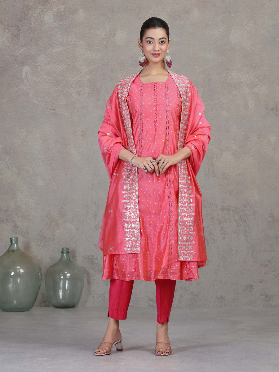 Rose Pink Embroidered A-Line Ethnic Set