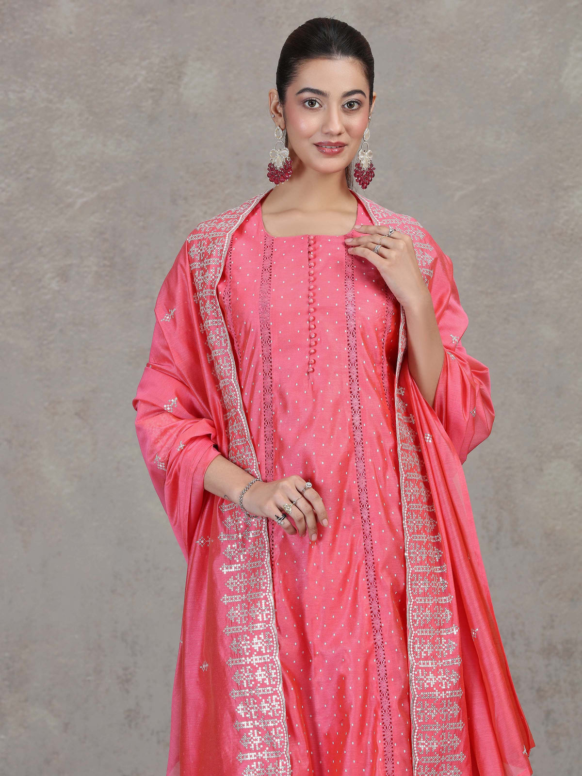 Rose Pink Embroidered A-Line Ethnic Set