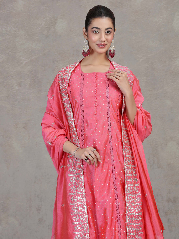Rose Pink Embroidered A-Line Ethnic Set