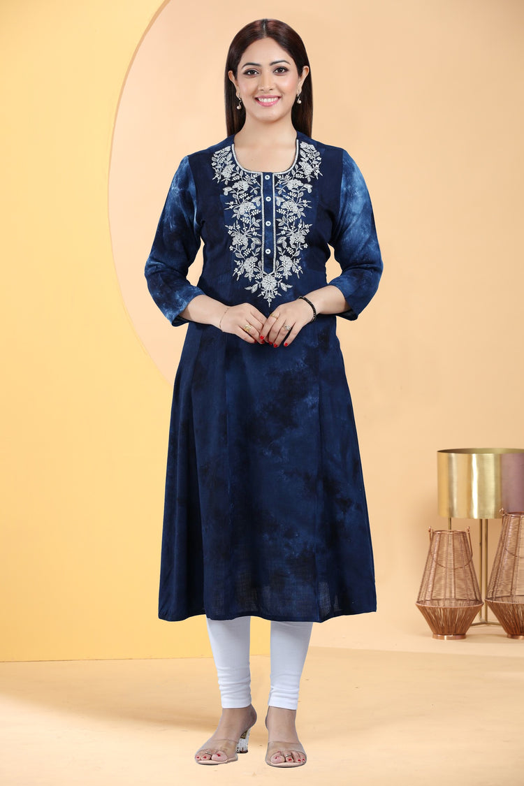 Navy Blue Rayon A Line Embroidered Kurta