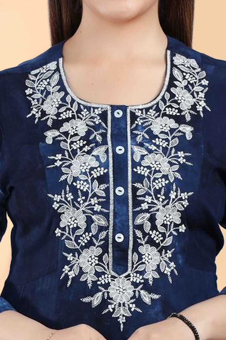 Navy Blue Rayon A Line Embroidered Kurta