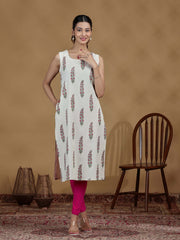 Ivory Floral Sleeveless Cotton Kurta