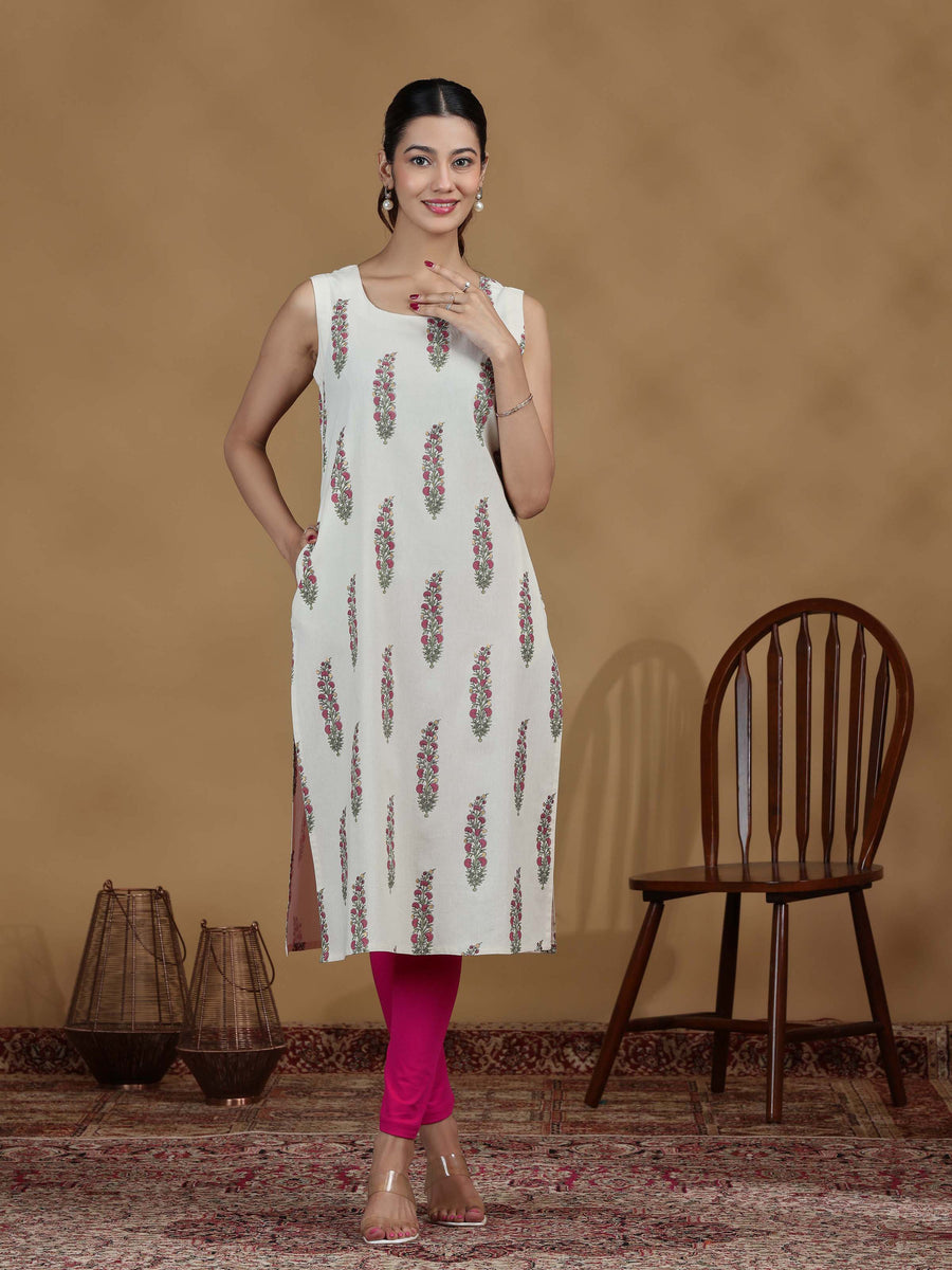 Ivory Floral Sleeveless Cotton Kurta