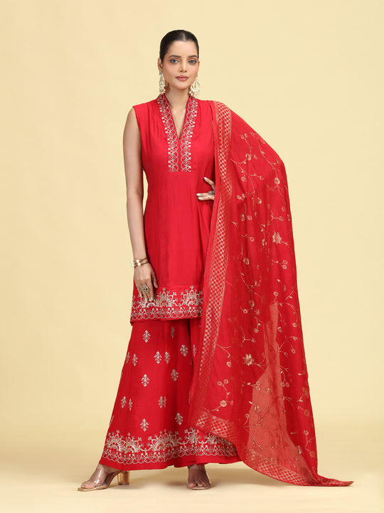 Maroon Embroidered A-Line Kurta Palazzo & Dupatta Ethnic Set