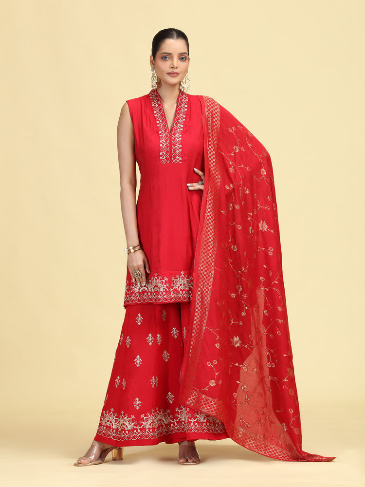 Maroon Embroidered A-Line Kurta Palazzo & Dupatta Ethnic Set
