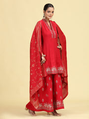 Maroon Embroidered A-Line Kurta Palazzo & Dupatta Ethnic Set