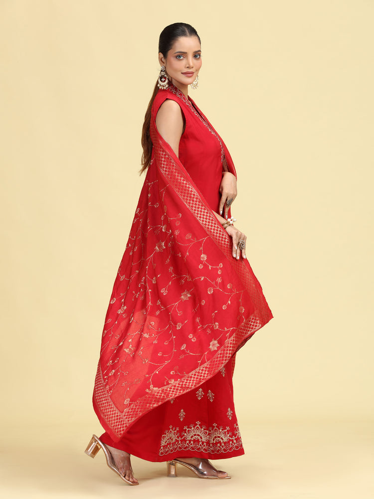 Maroon Embroidered A-Line Kurta Palazzo & Dupatta Ethnic Set