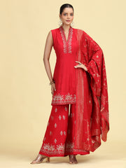 Maroon Embroidered A-Line Kurta Palazzo & Dupatta Ethnic Set