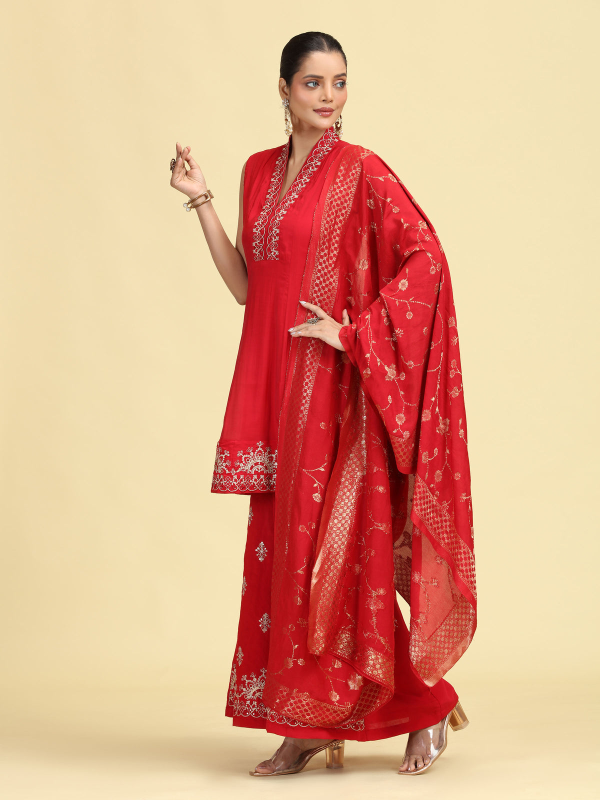 Maroon Embroidered A-Line Kurta Palazzo & Dupatta Ethnic Set
