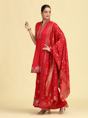 Maroon Embroidered A-Line Kurta Palazzo & Dupatta Ethnic Set