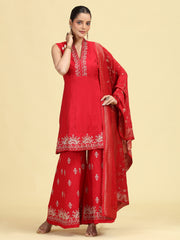 Maroon Embroidered A-Line Kurta Palazzo & Dupatta Ethnic Set
