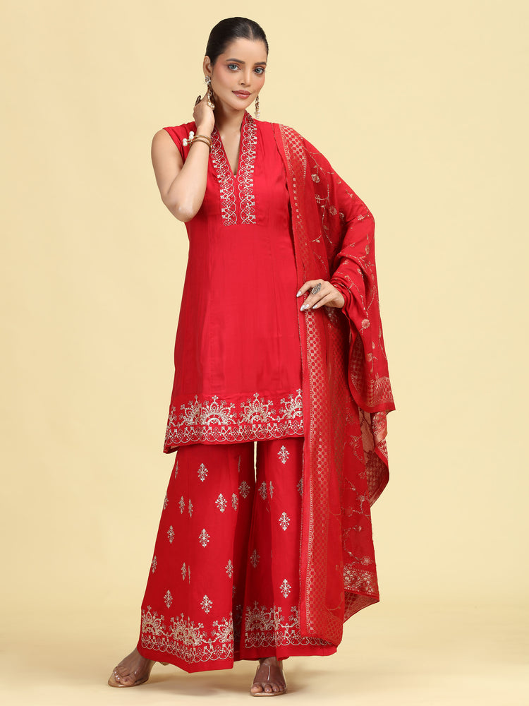 Maroon Embroidered A-Line Kurta Palazzo & Dupatta Ethnic Set