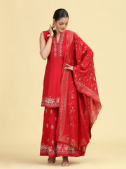Maroon Embroidered A-Line Kurta Palazzo & Dupatta Ethnic Set