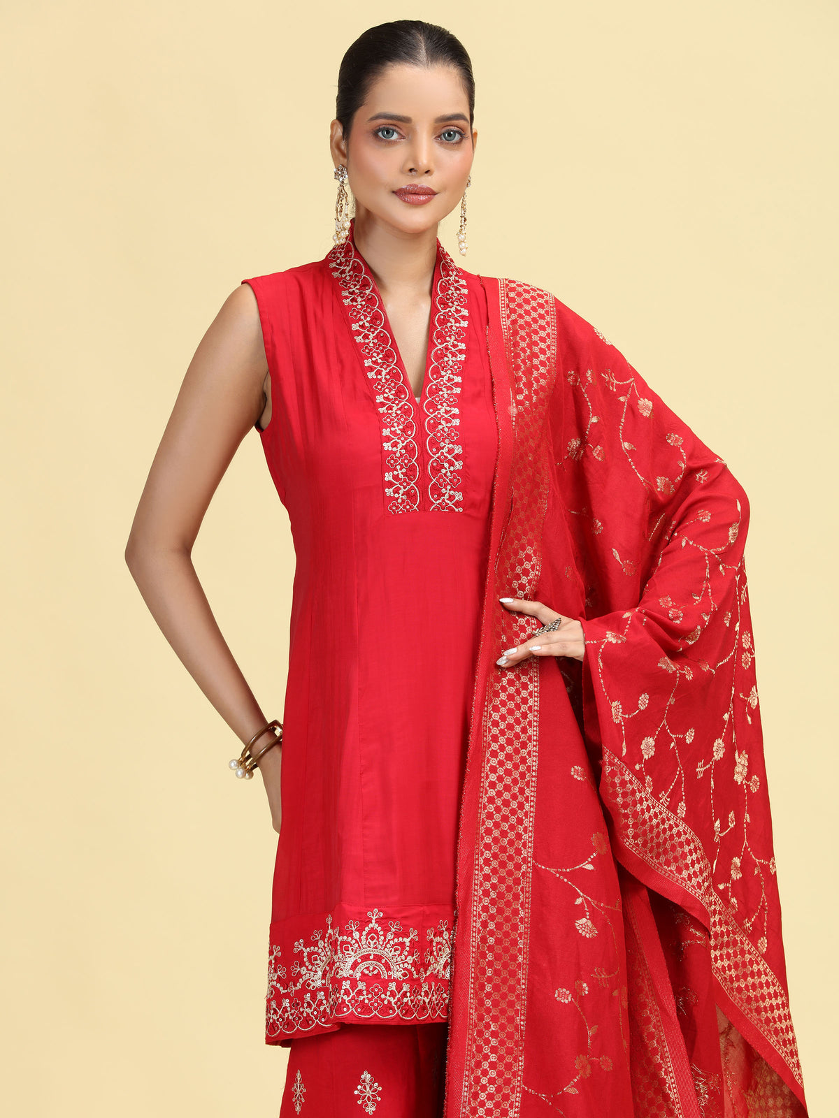 Maroon Embroidered A-Line Kurta Palazzo & Dupatta Ethnic Set