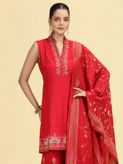 Maroon Embroidered A-Line Kurta Palazzo & Dupatta Ethnic Set