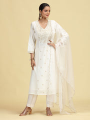 Off White A-Line Floral Embroidered Ethnic Suit Set