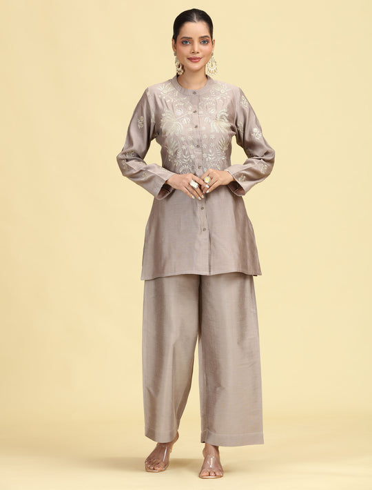 Taupe Gray Embroidered Full Sleeve Co-Ord Set