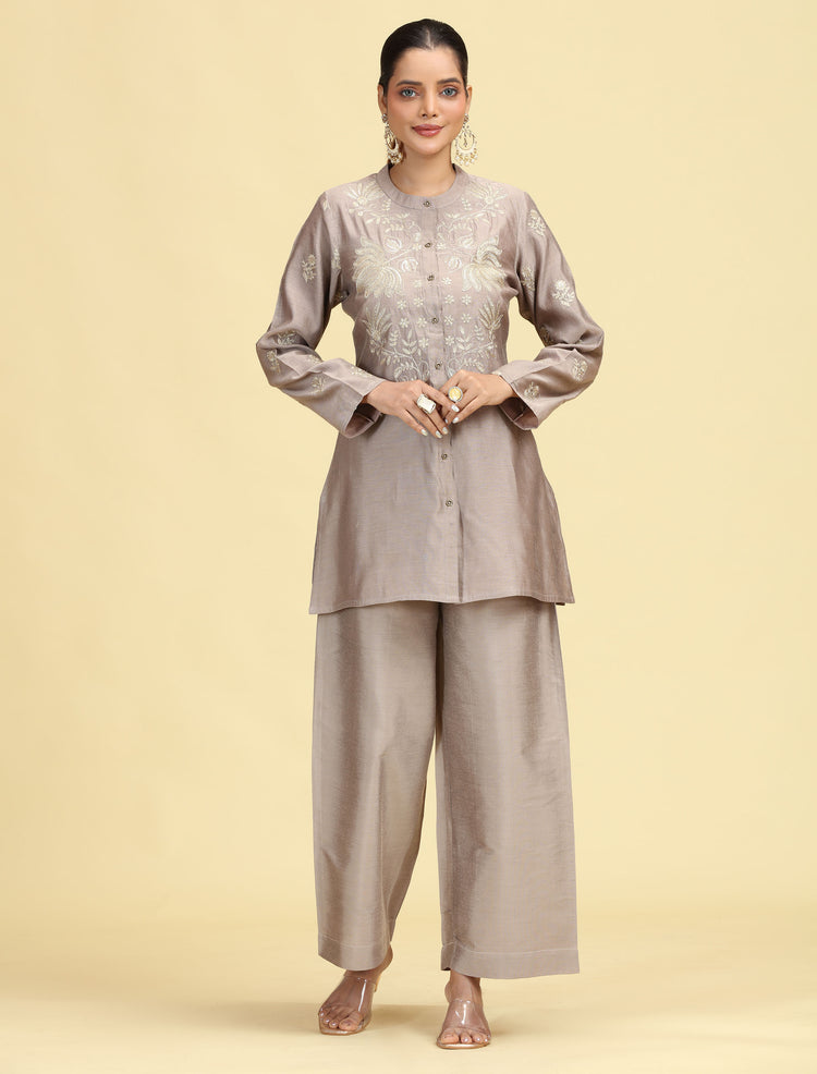 Taupe Gray Embroidered Full Sleeve Co-Ord Set