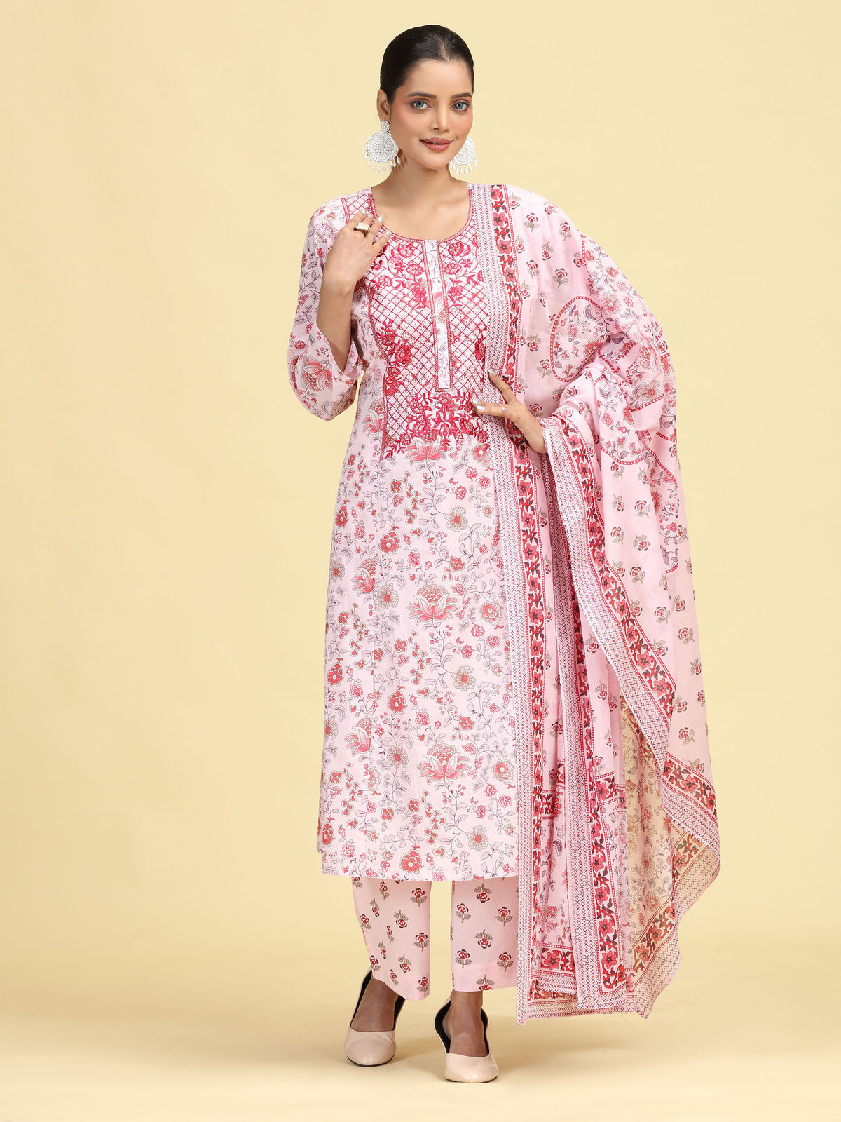 Baby Pink Pure Cotton Printed Embroidered Ethnic Suit Set